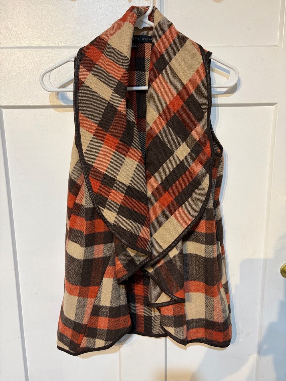 HYFVE Plaid Knit Open-Front Vest in Brown, Cream & Rust
